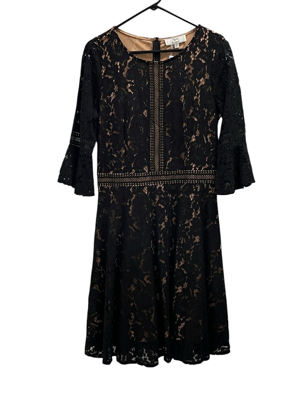 MISSMAY Black Floral Lace Bell Sleeve Cocktail Dress Nude Lining Size Large